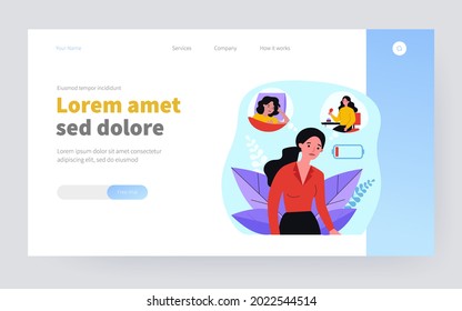 Tired woman feeling low lying level. Out of battery, bad eating and sleeping flat vector illustration. Burnout, unhealthy lifestyle, fatigue concept for banner, website design or landing web page