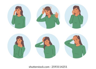 Tired woman feels dizzy or has headaches and migraines due to regular overexertion and lack of rest. Signs of health problems in tired girl who needs butt in comprehensive medical study