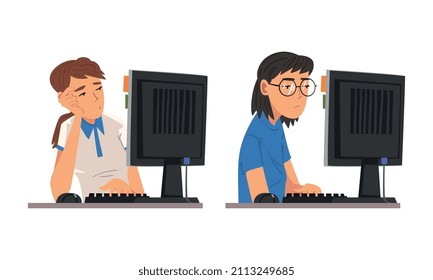 Tired Woman in Front of Computer Screen Doing Work Routine in the Office Vector Set