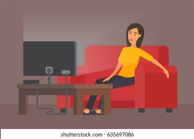 Tired woman in front of TV, housewife after home work. Vector illustration