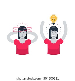 Tired woman and full of energy in comparison, exhausted female. Flat design vector illustration. Mood swing concept