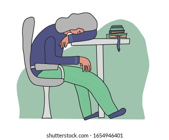 Tired woman getting wink of sleep. Person sitting at the table and sleeping. Exhausted character at school. Flat vector illustration.