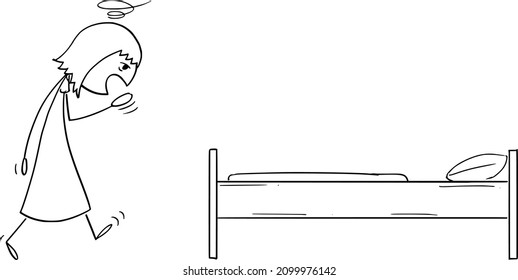 Tired woman going to sleep in bed in bedroom, vector cartoon stick figure or character illustration.