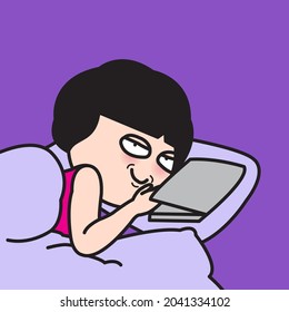 Tired Woman Hands Laying On Laptop On Bed Concept Card Character illustration