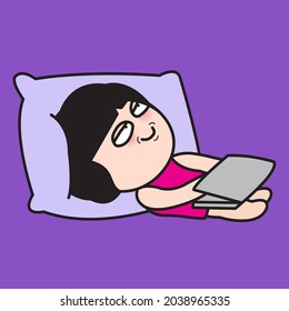 Tired Woman Hands is Typing On Laptop On Bed Concept Card Character illustration