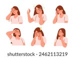 Tired woman have headache, migraine, dizziness and other chronic fatigue syndrome symptoms. Collection of various early warning signs of disease. Vector illustration.
