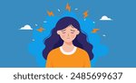 Tired woman have headache, migraine, dizziness and other chronic fatigue syndrome symptoms.