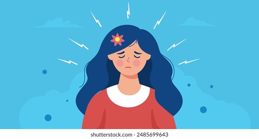 Tired woman have headache, migraine, dizziness and other chronic fatigue syndrome symptoms.