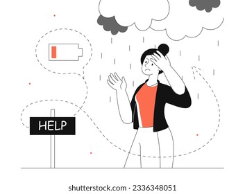 Tired woman with help sign line concept. Young girl under rain with low energy indicator. Emotional burnout, frustration and depression. Psychology and mental health. Linear flat vector illustration