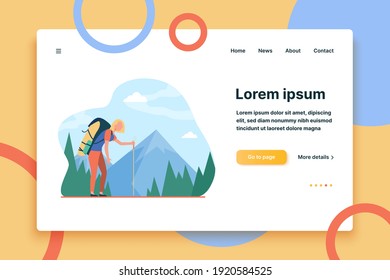 Tired woman hiking in mountains. Trekking, heavy backpack, active tourist flat vector illustration. Adventure travel, lifestyle, backpacker concept for banner, website design or landing web page