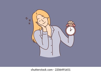 Tired woman hold clock feeling sleepy. Exhausted young female with alarm miss time in morning. Fatigue and early wakeup. Vector illustration. 