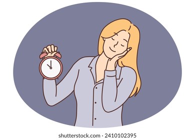 Tired woman hold clock feeling sleepy. Exhausted young female with alarm miss time in morning. Fatigue and early wakeup. Vector illustration.