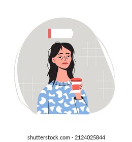 Tired woman holding coffee mug. Sleepy girl, burnout, depression, low energy person. Mental health problem. Flat vector illustration in trendy colors.