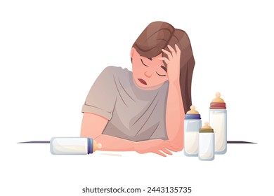 Tired woman holding her head. Young exhausted mother with baby milk bottles. Vector isolated cartoon illustration.