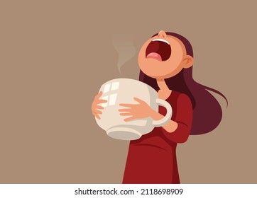
Tired Woman Holding a Large Coffee Cup Vector Cartoon. Caffeine addict having her daily mug in the morning

