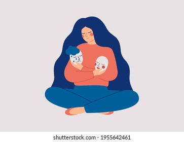 Tired Woman Holds Masks With Positive And Negative Emotions. Girl Plays A Role, Or Feels Fake.  Personality Change Disorder Concept. Vector Illustration.