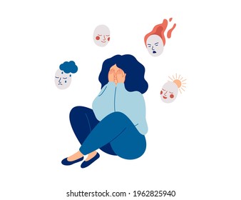 Tired Woman Holds Masks With Positive And Negative Emotions. Girl Plays A Role, Or Feels Fake.  Personality Change Disorder Concept. Vector Illustration.