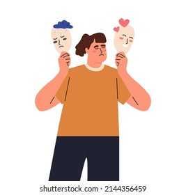 Tired woman holds masks with positive and negative emotions. Girl plays a role, or feels fake. Personality change Disorder concept. Flat vector illustration isolated on white background
