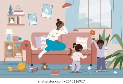 Tired woman with home mess. Young tired girl sitting on sofa in dirty apartment. Son and daughter shout at each other. Housewiffe with emotional burnout. Flat vector illustration