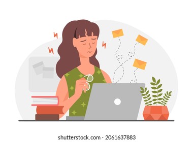 Tired woman at laptop. Burnout at work, stress. Employee worked too hard. Freelancer, fatigue, busy, overwork. Unhappy person, sad. Cartoon flat vector illustration isolated on white background