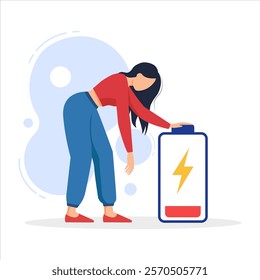 Tired woman leaning on a low battery, exhausted female character with low energy, fatigue, burnout, emotional stress, mental fatigue, weak health, drained feeling, and need for recharge concept.