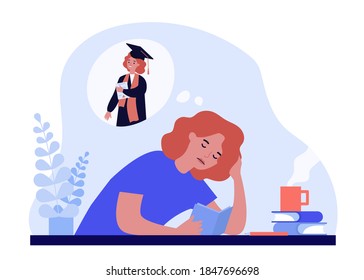 Tired woman learning for sake of diploma. Book, coffee, student flat vector illustration. Education and homework concept for banner, website design or landing web page