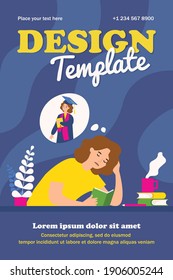 Tired woman learning for sake of diploma. Book, coffee, student flat vector illustration. Education and homework concept for banner, website design or landing web page