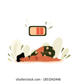 Tired Woman Lies On The Floor. Sleeping person hand drawn. Girl Fell from Lack of Energy with the Battery at the top. Vector stock flat illustration.