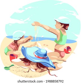 A tired woman lies on the sand. A boy and a girl sprinkle sand on their mother. Children bury their sleeping mother in the sand. Summer time on the beach. Space for the text at the top.