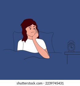 tired woman looks at alarm ringing, suffers from fatigue and exhaustion. Exhausted female struggle with insomnia, unable to sleep at night. vector illustration.