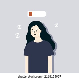 Tired woman with low battery above head. Sleepy girl with dark circles under eyes. Burnout, mental health, insomnia problem concept. Flat vector design illustration.