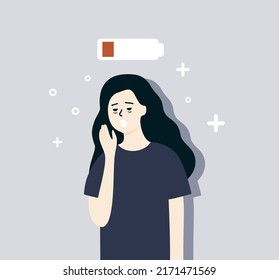 Tired woman with low battery above head. Sleepy girl with dark circles under eyes yawning. Burnout, mental health, insomnia problem concept. Flat vector design illustration.