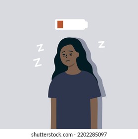 Tired woman with low battery above head. Sleepy girl with dark circles under eyes. Burnout, mental health, insomnia problem concept. Flat cartoon character vector design illustration.