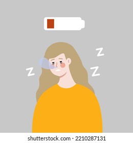 Tired Woman with low battery above head. Sleepy Girl with dark circles under eyes falling asleep. Burnout, energy, overwork, heavy workload, lifestyle concept. Flat cartoon vector design illustration.