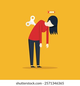 Tired woman with low battery icon and wind-up key, representing sleepy mood, weak health, tiredness, mental exhaustion, overwork, burnout, emotional fatigue, stress, and low energy state. Flat vector.