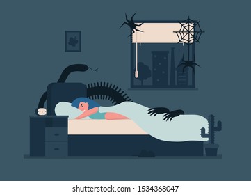 Tired woman lying in bed at night. Female character suffer from sleeping disorder,  nightmare, insomnia, sleeplessness. Flat vector cartoon illustration.