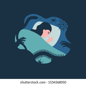 Tired woman lying in bed at night. Female character suffer from sleeping disorder,  nightmare, insomnia, sleeplessness. Flat vector cartoon illustration.