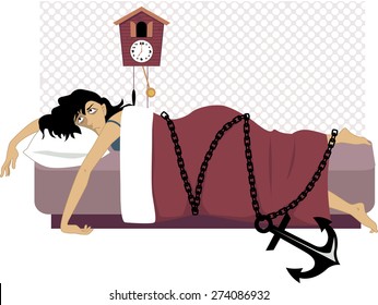 Tired woman lying in her bed early in the morning, chained to a heavy anchor, vector illustration, no transparencies, EPS 8