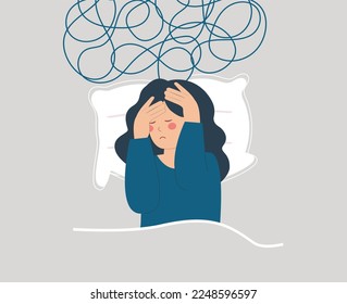 Tired woman lying on bed and has difficulty to sleep at night due to headache. Sad girl suffers from insomnia, nightmares and negative tangled thoughts. Concept of Mental health and sleep disorder.