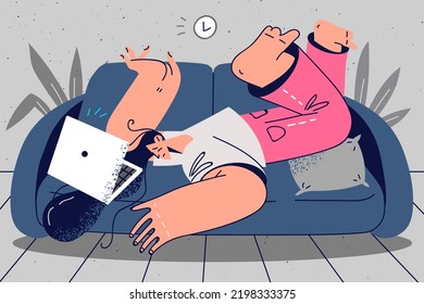 Tired woman lying on couch sleeping overwhelmed with computer work. Exhausted girl nap on sofa overworked on laptop. Breakdown concept. Vector illustration. 