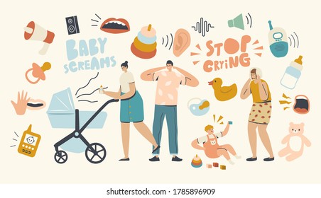 Tired Woman and Man Characters with Kid Stroller Suffer of Newborn Baby Crying. Child with Cramps Screaming, Toddler Capricious. Parenthood, Maternity, Mother Care. Linear People Vector Illustration