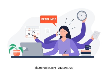 A tired woman missing deadline. An office worker overwhelmed by work, reports, and calls. Mental health problem. Vector flat illustration.