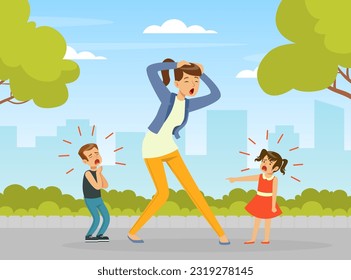 Tired Woman Mother Shouting Because of Crying Capricious Children Vector Illustration