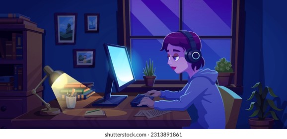 Tired woman at night on window home office workspace vector cartoon background. Work interior design with computer monitor, device, chair, flowers, paper stickers and female character concept.