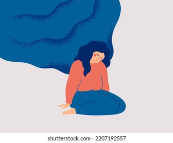 Tired woman not resists the mental problems hanging over her. Exhausted girl does not struggle with life difficulties. Burnout and depression concept. Vector illustration