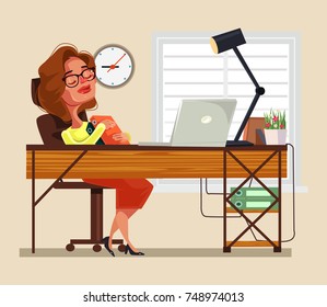 Tired woman office worker character sleeping on workplace. Vector flat cartoon illustration