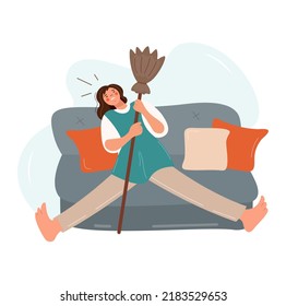Tired woman on the couch with a broom. Vector flat design of an exhausted girl. The female character is resting in the living room with her legs outstretched. Overexertion, overwork concept at work.