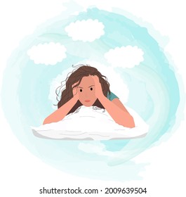 The tired woman on the pillow cannot sleep. The problem of insomnia, insomnia, sleep disorders. Vector illustration in flat cartoon style.