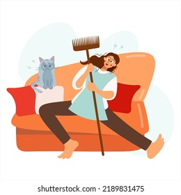 Tired woman on the sofa with a mop and a cat. Vector flat design of exhausted girl. The female character is resting in the living room with her legs stretched out. Home routine, overexertion, overwork