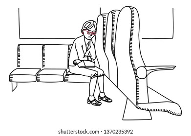 Tired woman on the wagon sitting on a bench. Vector illustration